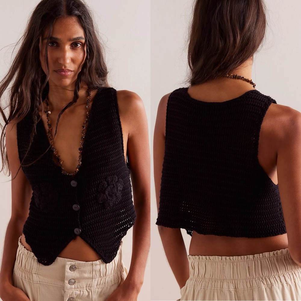 Free People Nigel Preston Crochet Waistcoat Black M/L